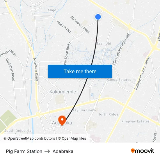 Pig Farm Station to Adabraka map