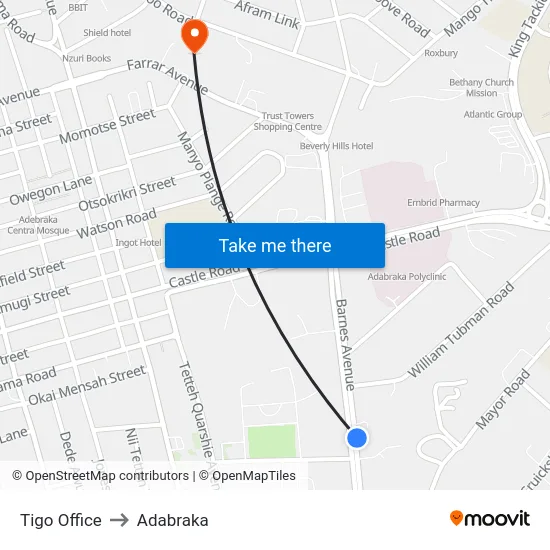 Tigo Office to Adabraka map