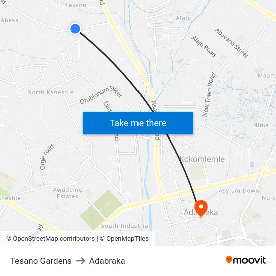 Tesano Gardens to Adabraka map