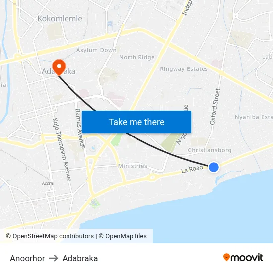 Anoorhor to Adabraka map