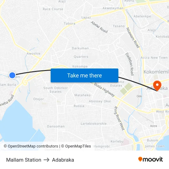 Mallam Station to Adabraka map