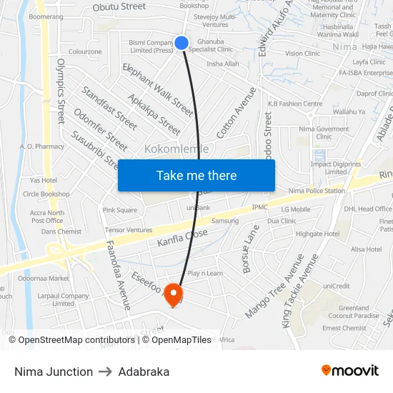 Nima Junction to Adabraka map