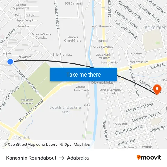 Kaneshie Roundabout to Adabraka map