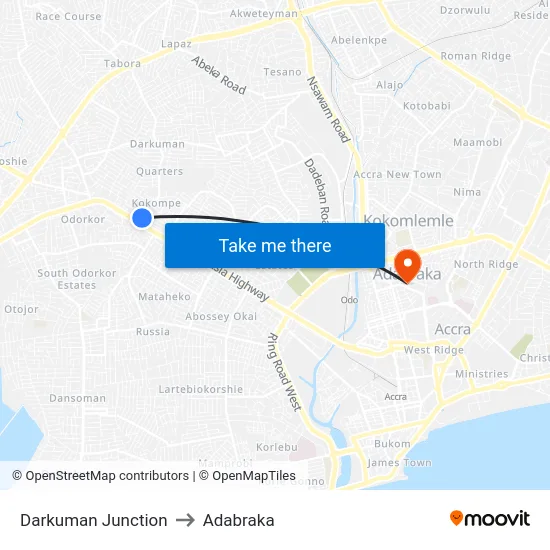 Darkuman Junction to Adabraka map