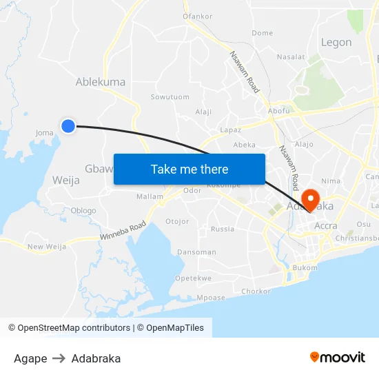 Agape to Adabraka map