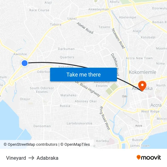 Vineyard to Adabraka map