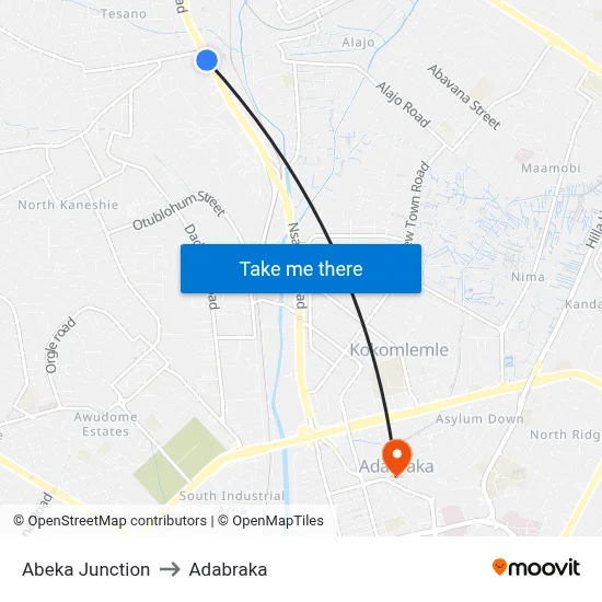 Abeka Junction to Adabraka map