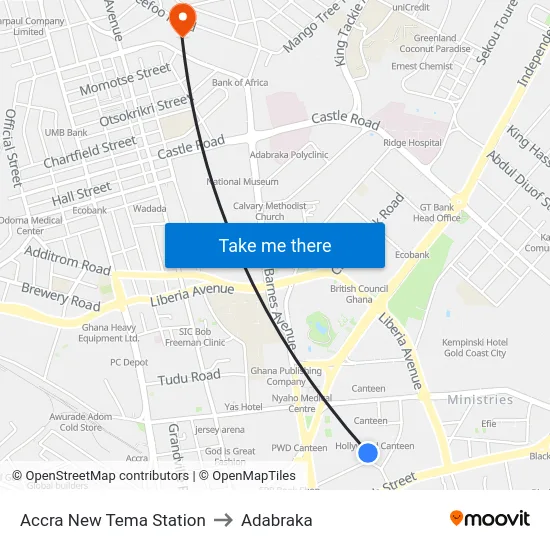 Accra New Tema Station to Adabraka map