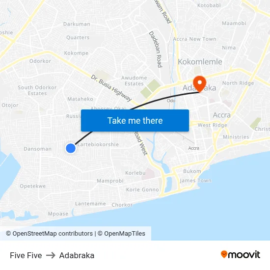 Five Five to Adabraka map