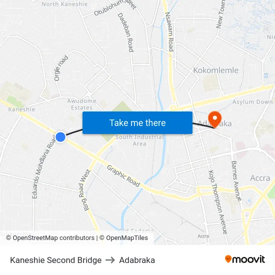 Kaneshie Second Bridge to Adabraka map