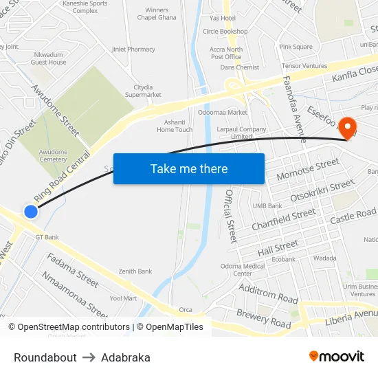 Roundabout to Adabraka map