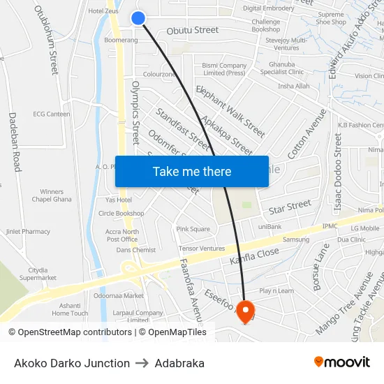 Akoko Darko Junction to Adabraka map