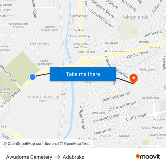 Awudome Cemetery to Adabraka map