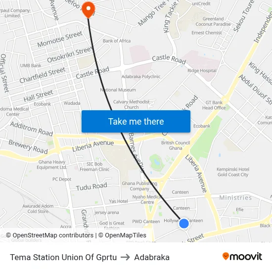 Tema Station Union Of Gprtu to Adabraka map