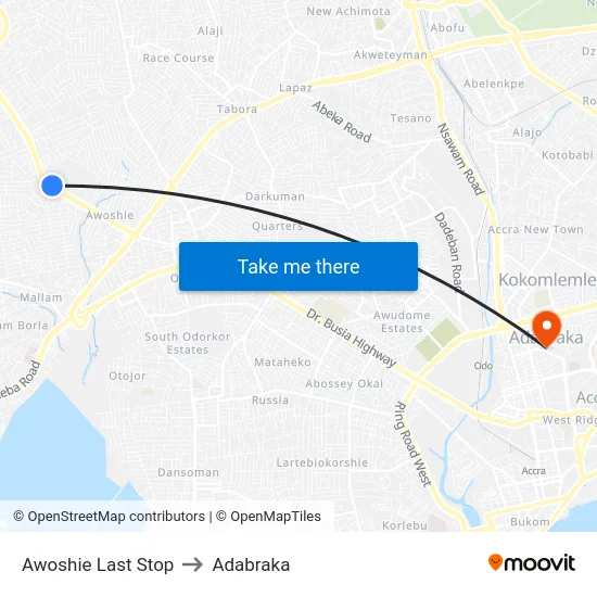 Awoshie Last Stop to Adabraka map