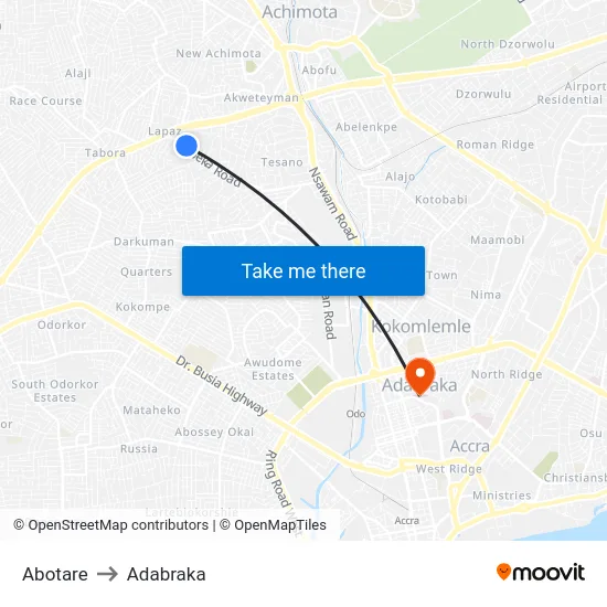 Abotare to Adabraka map
