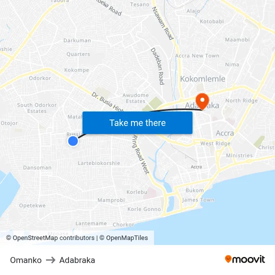 Omanko to Adabraka map