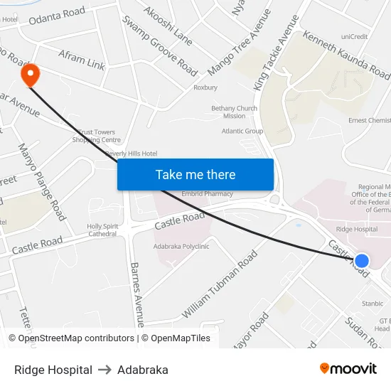 Ridge Hospital to Adabraka map