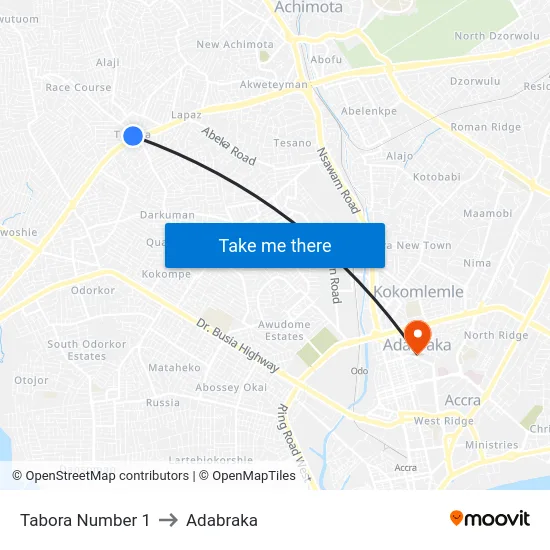 Tabora Number 1 to Adabraka map