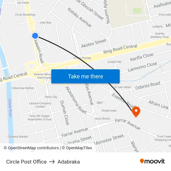 Circle Post Office to Adabraka map