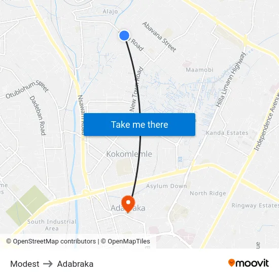 Modest to Adabraka map