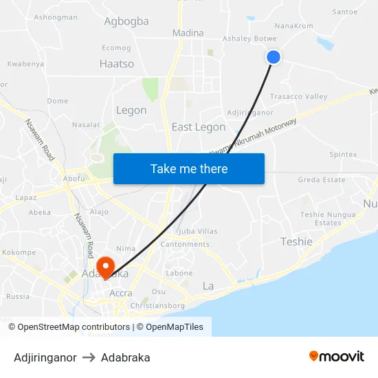 Adjiringanor to Adabraka map