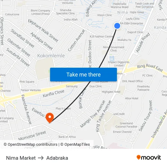 Nima Market to Adabraka map
