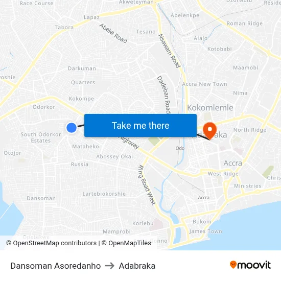 Dansoman Asoredanho to Adabraka map