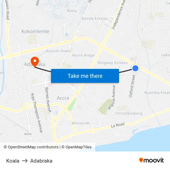 Koala to Adabraka map