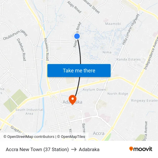 Accra New Town (37 Station) to Adabraka map
