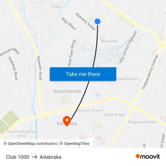Club 1000 to Adabraka map