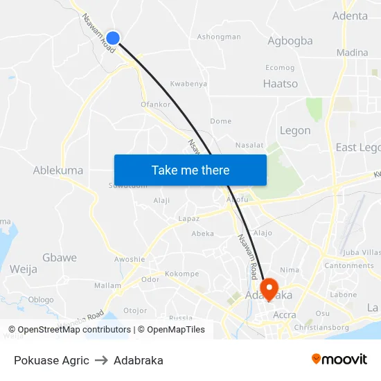 Pokuase Agric to Adabraka map