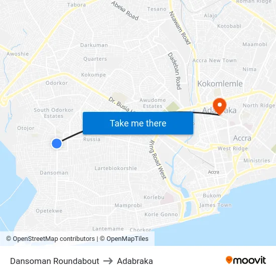 Dansoman Roundabout to Adabraka map