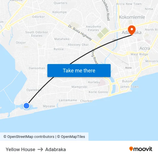 Yellow House to Adabraka map