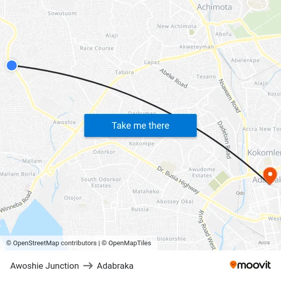 Awoshie Junction to Adabraka map