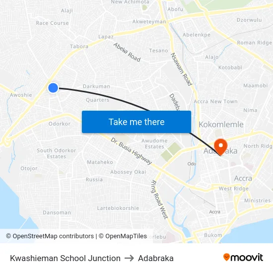 Kwashieman School Junction to Adabraka map