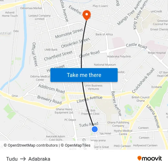 Tudu to Adabraka map