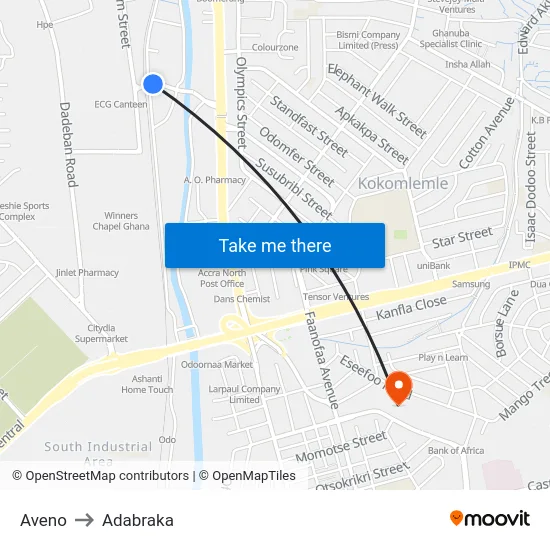 Aveno to Adabraka map