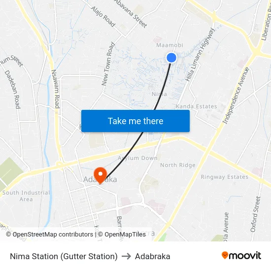 Nima Station (Gutter Station) to Adabraka map
