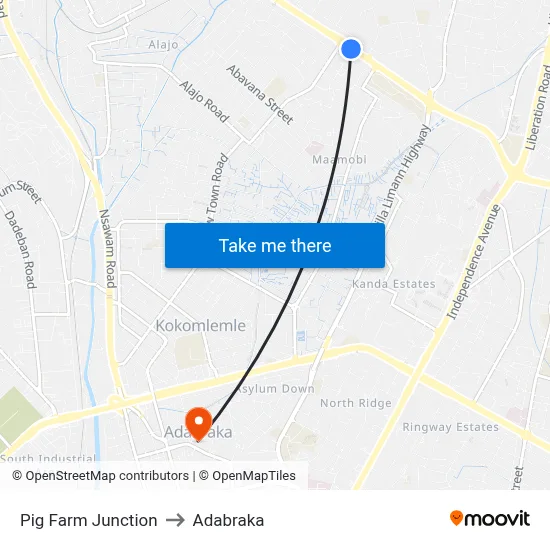 Pig Farm Junction to Adabraka map