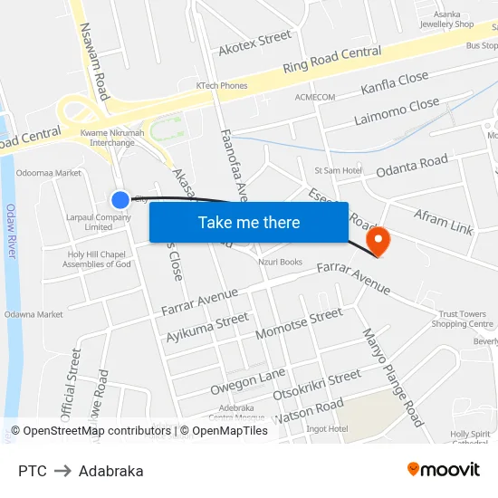 PTC to Adabraka map