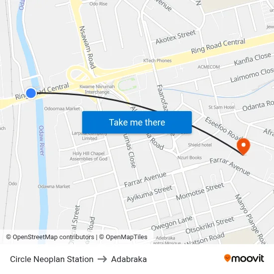 Circle Neoplan Station to Adabraka map