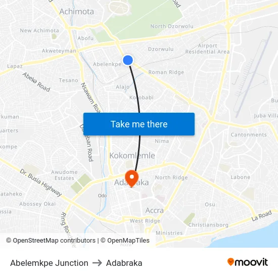 Abelemkpe Junction to Adabraka map