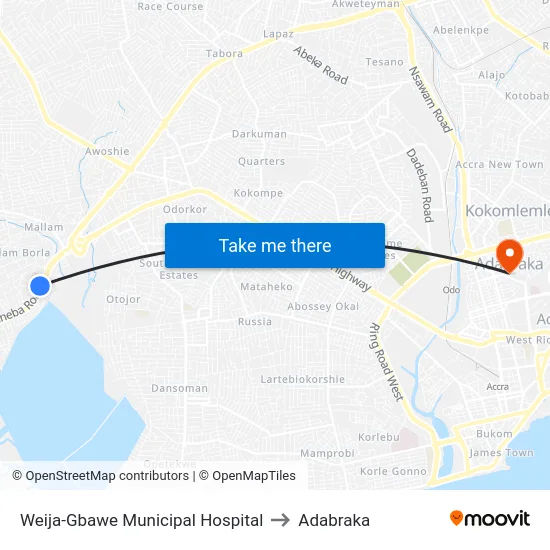 Weija-Gbawe Municipal Hospital to Adabraka map