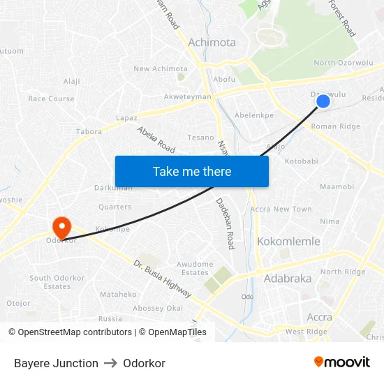 Bayere Junction to Odorkor map