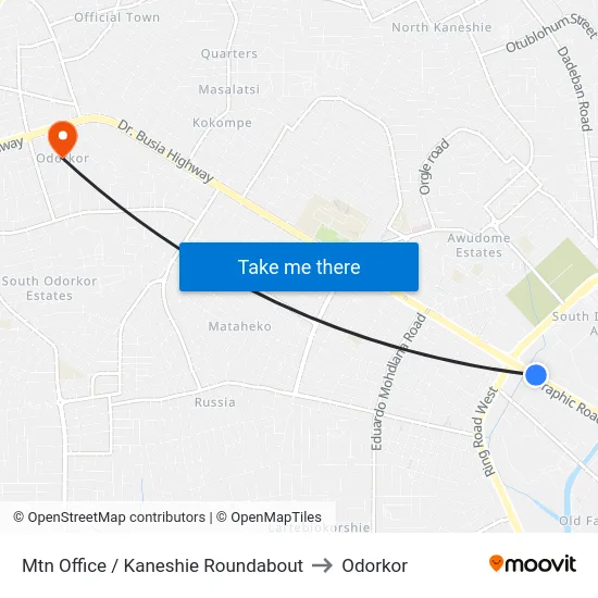 Mtn Office / Kaneshie Roundabout to Odorkor map