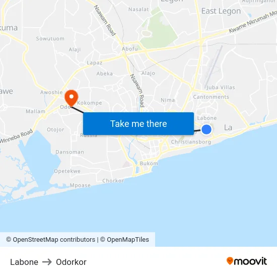 Labone to Odorkor map