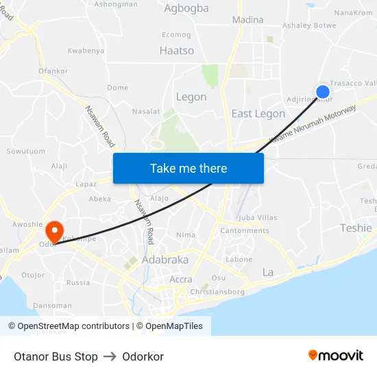 Otanor Bus Stop to Odorkor map