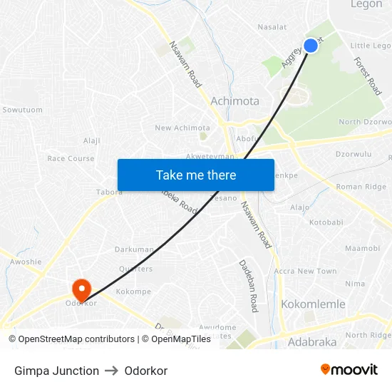 Gimpa Junction to Odorkor map