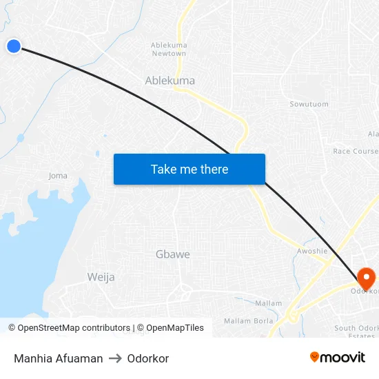 Manhia Afuaman to Odorkor map